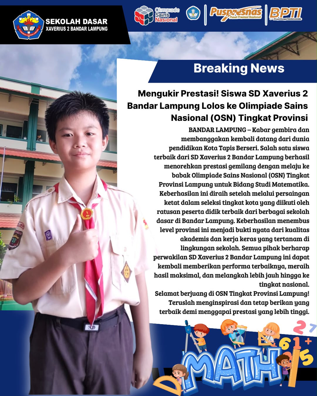 SD XAVERIUS 2 BANDAR LAMPUNG LOLOS OSN MATEMATIKA KE TINGKAT PROVINSI